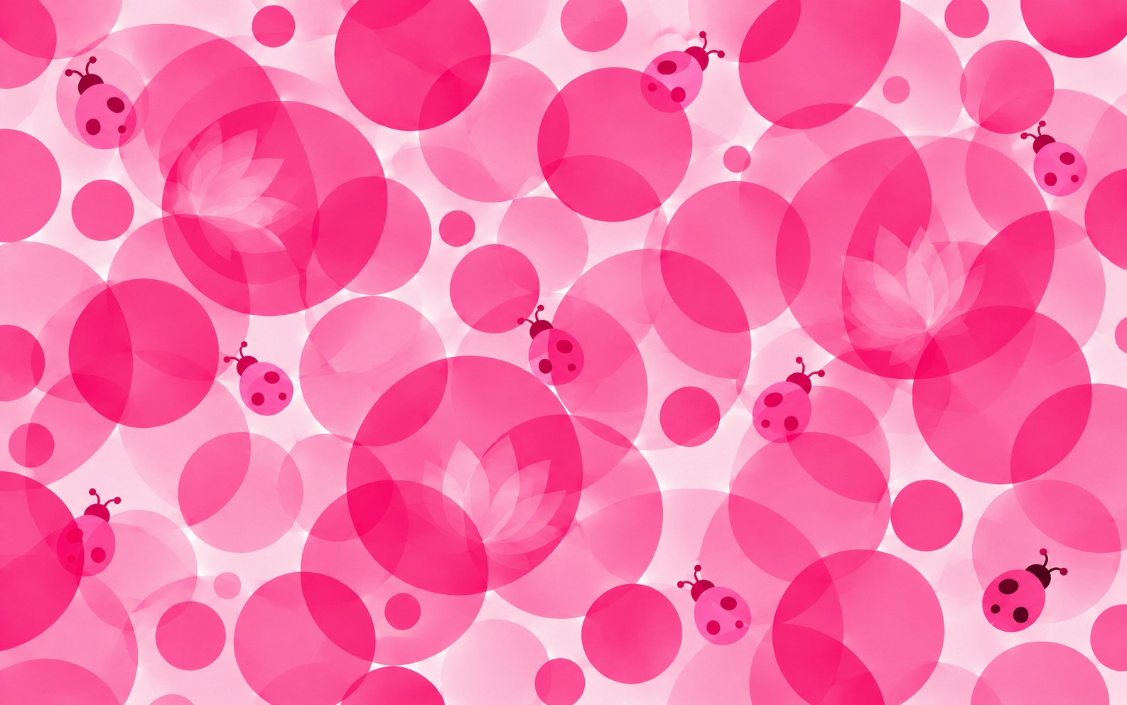 Pink circle pattern with ladybugs and translucent flower forms